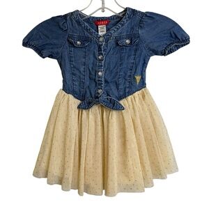 GUESS Girls’ Denim and Tulle Dress Blue and Cream Size 2